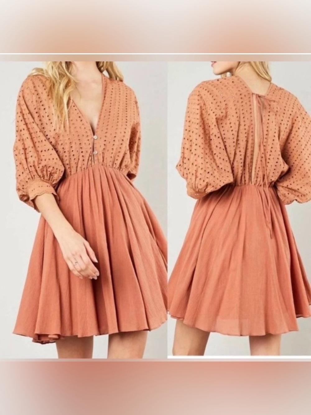 Mustard Seed Rust Eyelet Puff-Sleeve Mini Dress